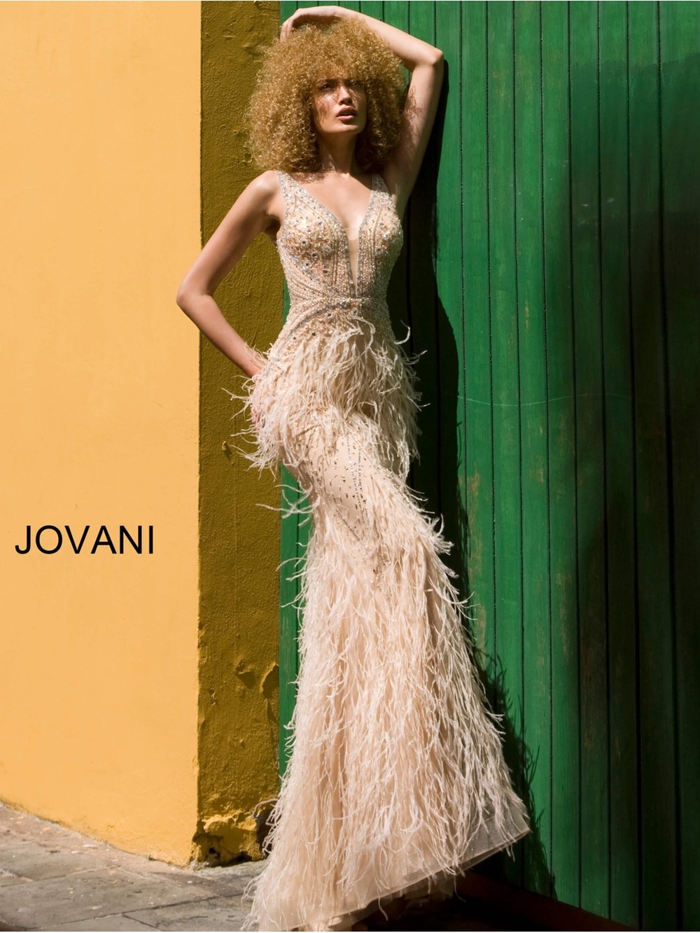 Jovani Champagne Feather & Crystal Embellished Evening Gown